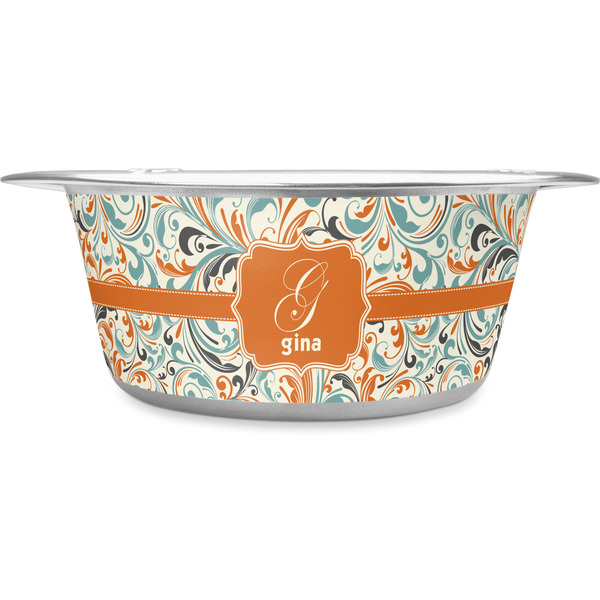 Custom Orange & Blue Leafy Swirls Stainless Steel Dog Bowl - Large (Personalized)