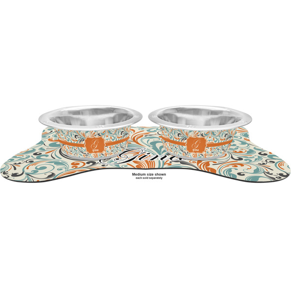 Orange & Blue Leafy Swirls Metal Pet Bowls - On Dog Bone Shaped Mat