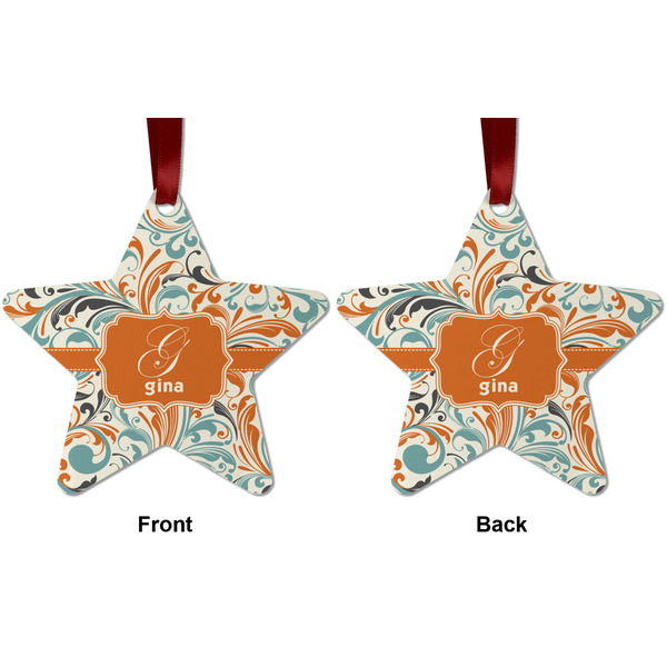 Orange & Blue Leafy Swirls Metal Star Ornament - Front and Back