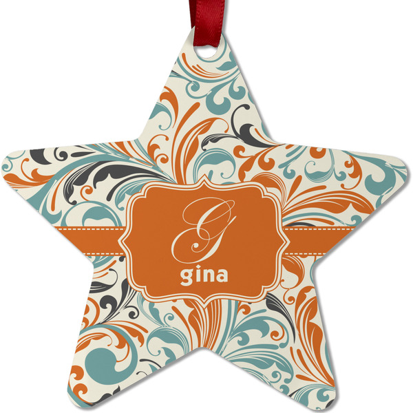 Custom Orange & Blue Leafy Swirls Metal Star Ornament - Double Sided w/ Name and Initial
