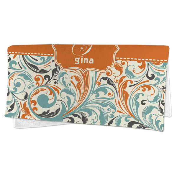 Orange & Blue Leafy Swirls Microfiber Dish Rag - FOLDED (half)