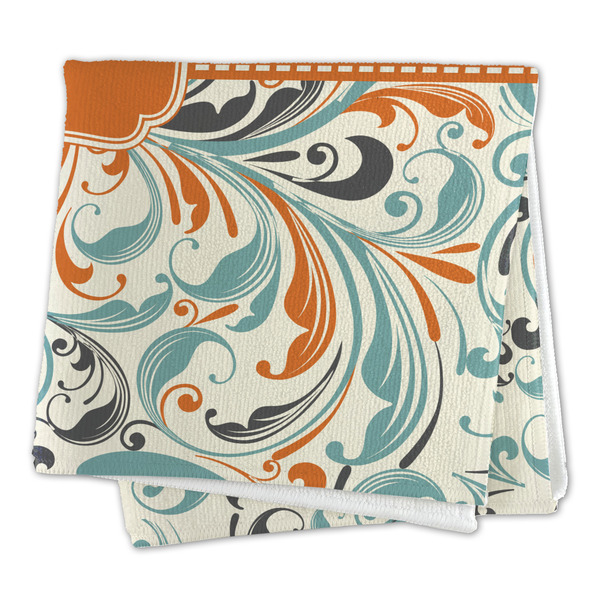 Orange & Blue Leafy Swirls Microfiber Dish Rag - FOLDED (square)