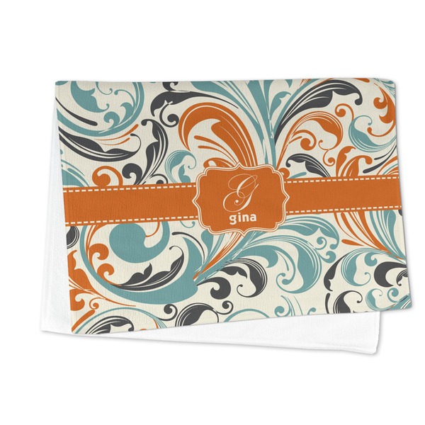 Orange & Blue Leafy Swirls Microfiber Dish Towel - FOLDED HALF