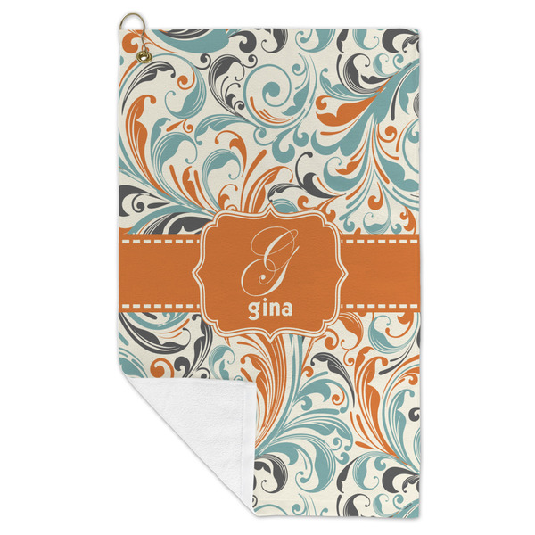 Orange & Blue Leafy Swirls Microfiber Golf Towels - FOLD