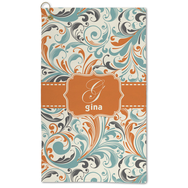 Custom Orange & Blue Leafy Swirls Microfiber Golf Towel (Personalized)