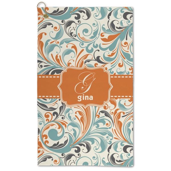 Custom Orange & Blue Leafy Swirls Microfiber Golf Towel - Large (Personalized)