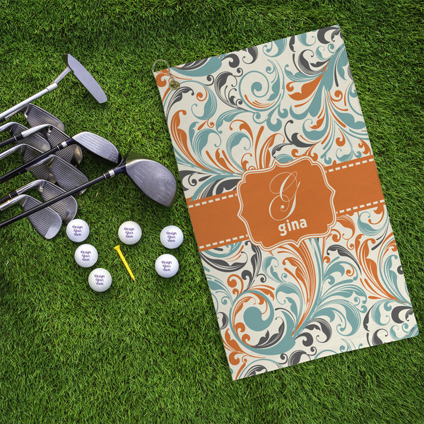 Orange & Blue Leafy Swirls Microfiber Golf Towels - LIFESTYLE
