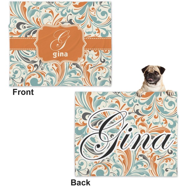 Orange & Blue Leafy Swirls Microfleece Dog Blanket - Large- Front & Back