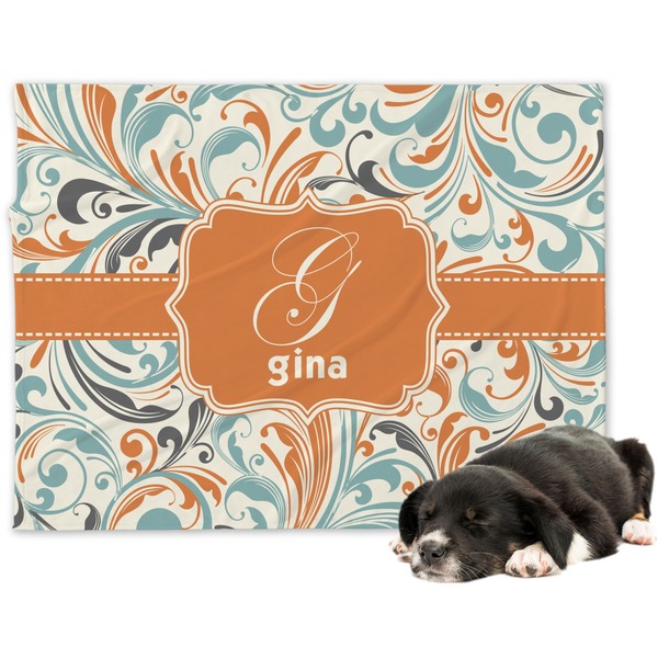 Custom Orange & Blue Leafy Swirls Dog Blanket - Regular (Personalized)