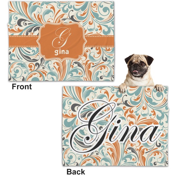 Orange & Blue Leafy Swirls Microfleece Dog Blanket - Regular - Front & Back
