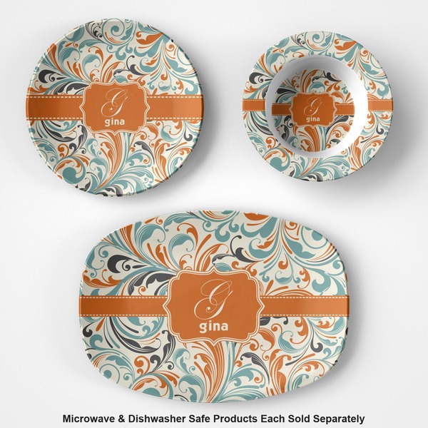 Orange & Blue Leafy Swirls Microwave & Dishwasher Safe CP Plastic Dishware - Group