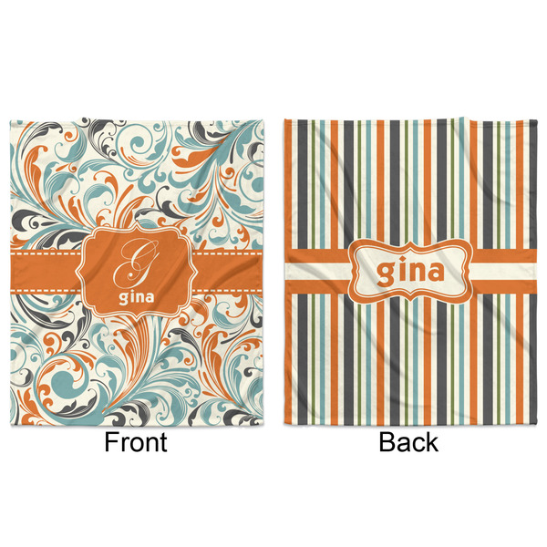 Orange & Blue Leafy Swirls Minky Blanket - 50"x60" - Double Sided - Front & Back