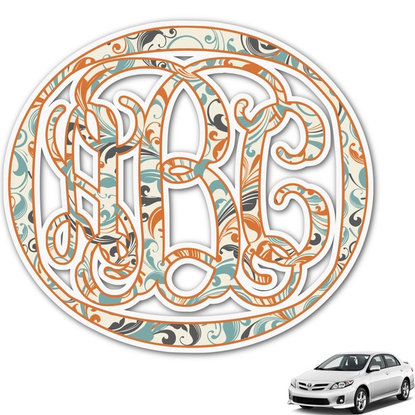 Custom Orange & Blue Leafy Swirls Monogram Car Decal (Personalized)