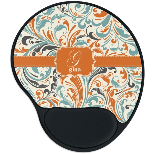 Custom Orange & Blue Leafy Swirls Mouse Pad with Wrist Support