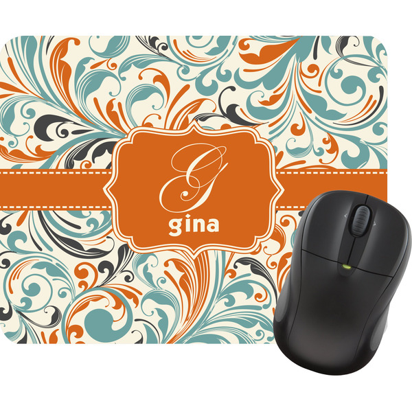 Custom Orange & Blue Leafy Swirls Rectangular Mouse Pad (Personalized)