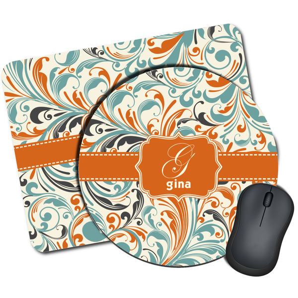 Custom Orange & Blue Leafy Swirls Mouse Pad (Personalized)