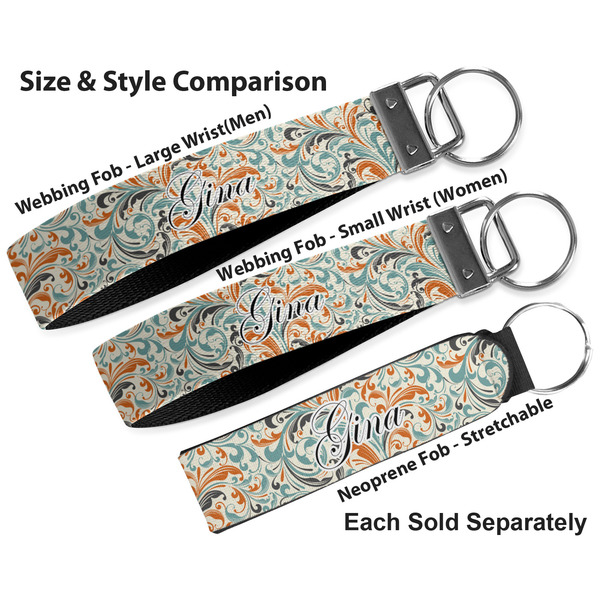 Orange & Blue Leafy Swirls Multiple Key Ring comparison sizes
