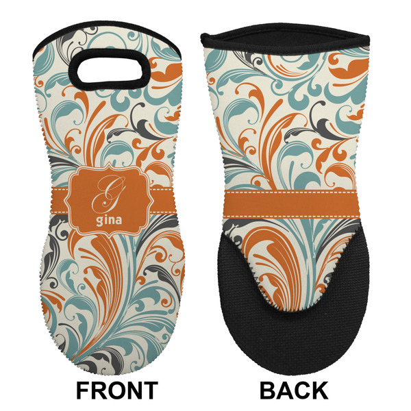 Orange & Blue Leafy Swirls Neoprene Oven Mitt (Front & Back)