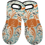 Orange & Blue Leafy Swirls Neoprene Oven Mitts - Set of 2 w/ Name and Initial