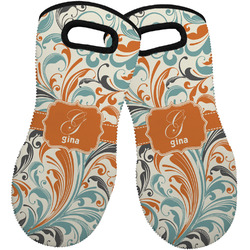 Orange & Blue Leafy Swirls Neoprene Oven Mitts - Set of 2 w/ Name and Initial