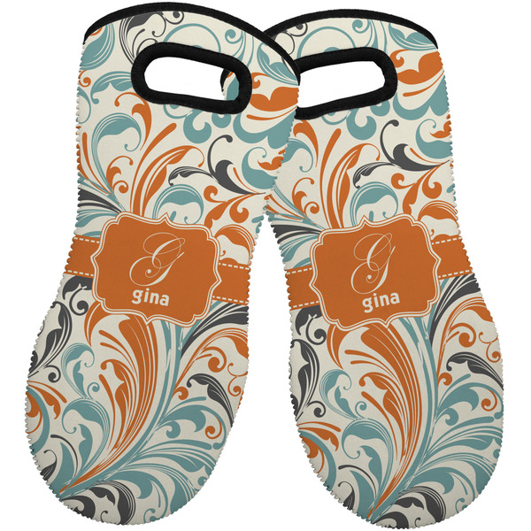 Custom Orange & Blue Leafy Swirls Neoprene Oven Mitts - Set of 2 w/ Name and Initial