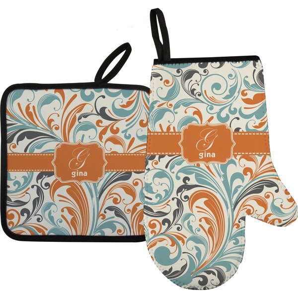 Custom Orange & Blue Leafy Swirls Oven Mitt & Pot Holder Set w/ Name and Initial