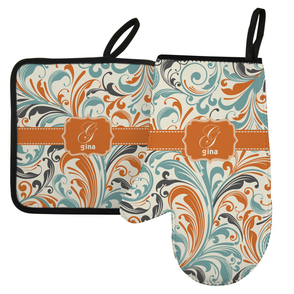 Custom Orange & Blue Leafy Swirls Left Oven Mitt & Pot Holder Set w/ Name and Initial