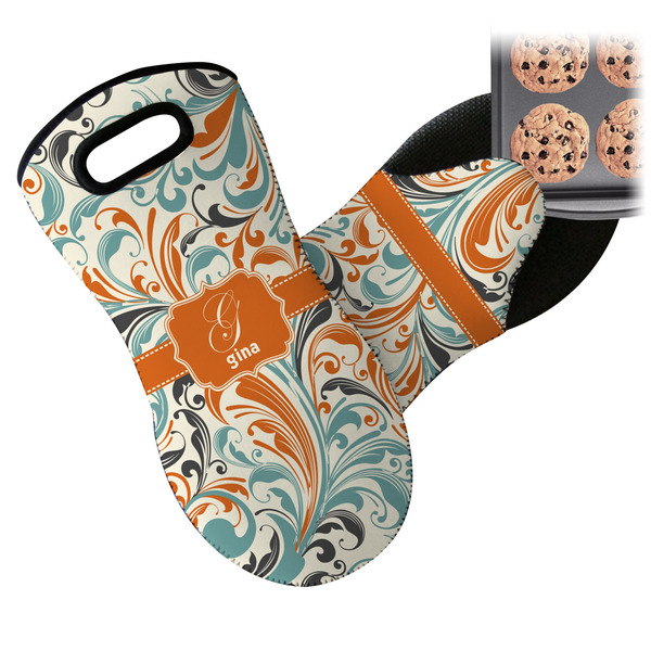 Orange & Blue Leafy Swirls Neoprene Oven Mitt