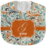 Orange & Blue Leafy Swirls Velour Baby Bib w/ Name and Initial
