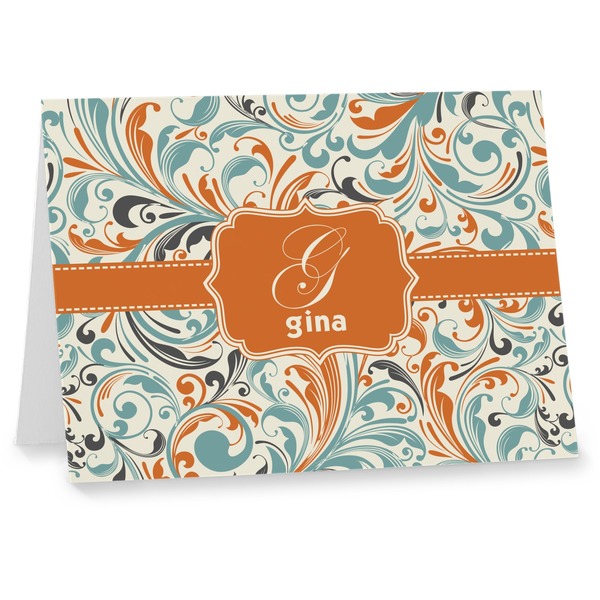 Custom Orange & Blue Leafy Swirls Note cards (Personalized)