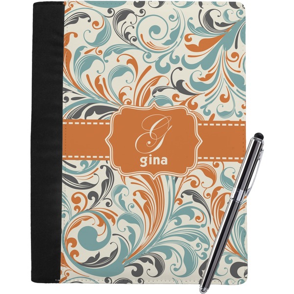 Custom Orange & Blue Leafy Swirls Notebook Padfolio - Large w/ Name and Initial