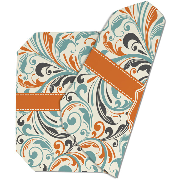 Custom Orange & Blue Leafy Swirls Dining Table Mat - Octagon (Double-Sided) w/ Name and Initial