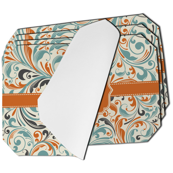 Custom Orange & Blue Leafy Swirls Dining Table Mat - Octagon - Set of 4 (Single-Sided) w/ Name and Initial