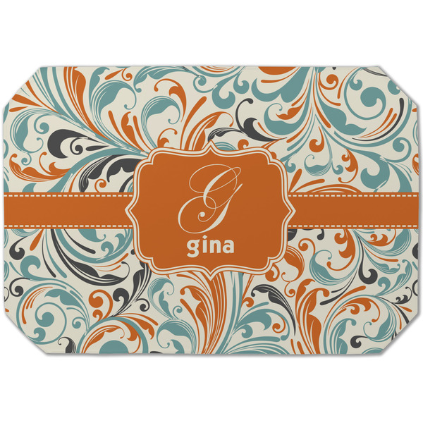 Custom Orange & Blue Leafy Swirls Dining Table Mat - Octagon (Single-Sided) w/ Name and Initial
