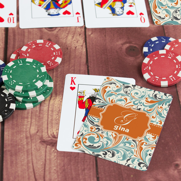 Orange & Blue Leafy Swirls On Table with Poker Chips