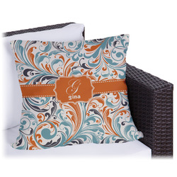 Orange & Blue Leafy Swirls Outdoor Pillow - 16" (Personalized)
