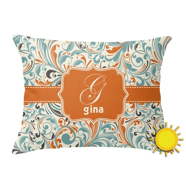 Custom Orange & Blue Leafy Swirls Outdoor Throw Pillow (Rectangular) (Personalized)