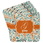 Orange & Blue Leafy Swirls Paper Coasters w/ Name and Initial
