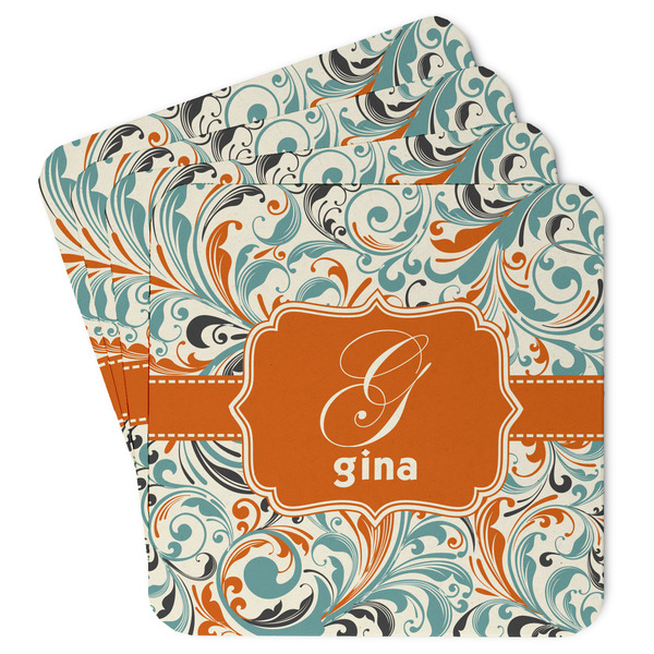 Custom Orange & Blue Leafy Swirls Paper Coasters w/ Name and Initial