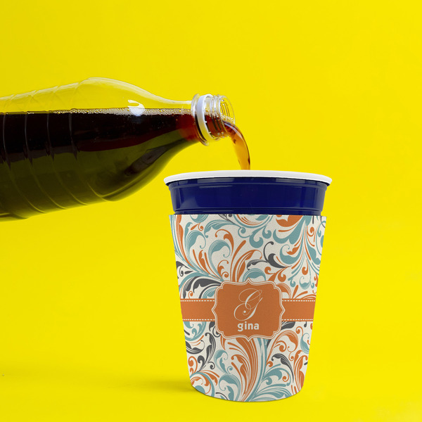 Orange & Blue Leafy Swirls Party Cup Sleeves - without bottom - Lifestyle