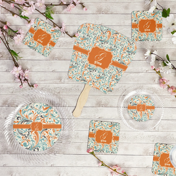 Orange & Blue Leafy Swirls Party Supplies Combination Image - All items - Plates, Coasters, Fans