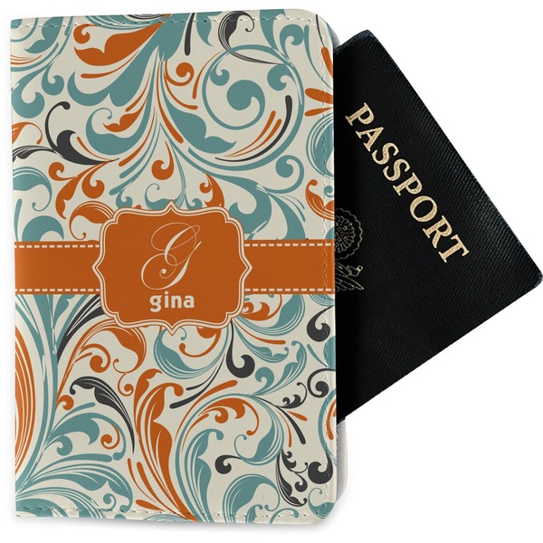 Custom Orange & Blue Leafy Swirls Passport Holder - Fabric (Personalized)