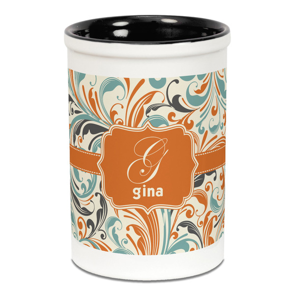Orange & Blue Leafy Swirls Pencil Holder - Black