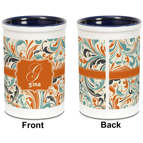 Orange & Blue Leafy Swirls Pencil Holder - Blue - approval