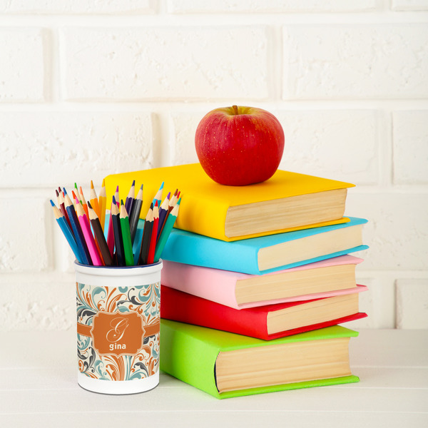 Orange & Blue Leafy Swirls Pencil Holder - LIFESTYLE pencil