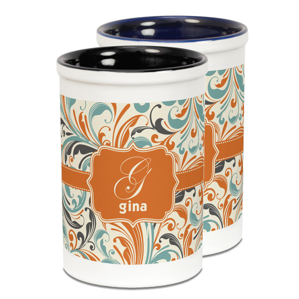 Custom Orange & Blue Leafy Swirls Ceramic Pencil Holder - Large