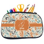 Orange & Blue Leafy Swirls Neoprene Pencil Case - Medium w/ Name and Initial