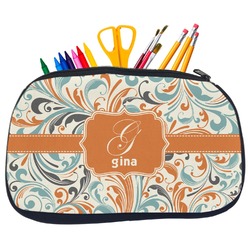 Orange & Blue Leafy Swirls Neoprene Pencil Case - Medium w/ Name and Initial