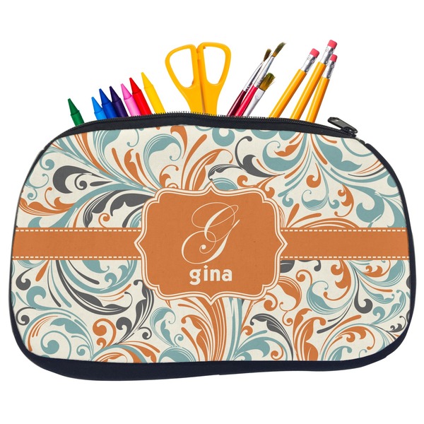 Orange & Blue Leafy Swirls Pencil / School Supplies Bags - Medium
