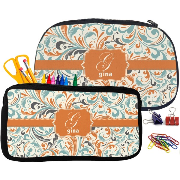Orange & Blue Leafy Swirls Pencil / School Supplies Bags Small and Medium